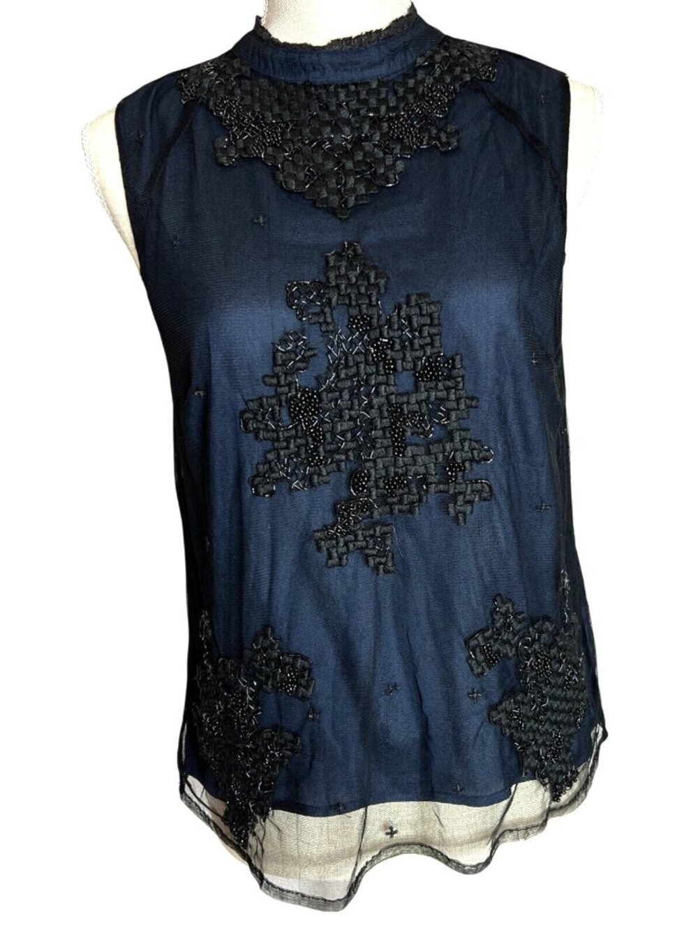 Lucky Brand Beaded Black Sleeveless Top With Sheer Overlay & Back Keyhole S